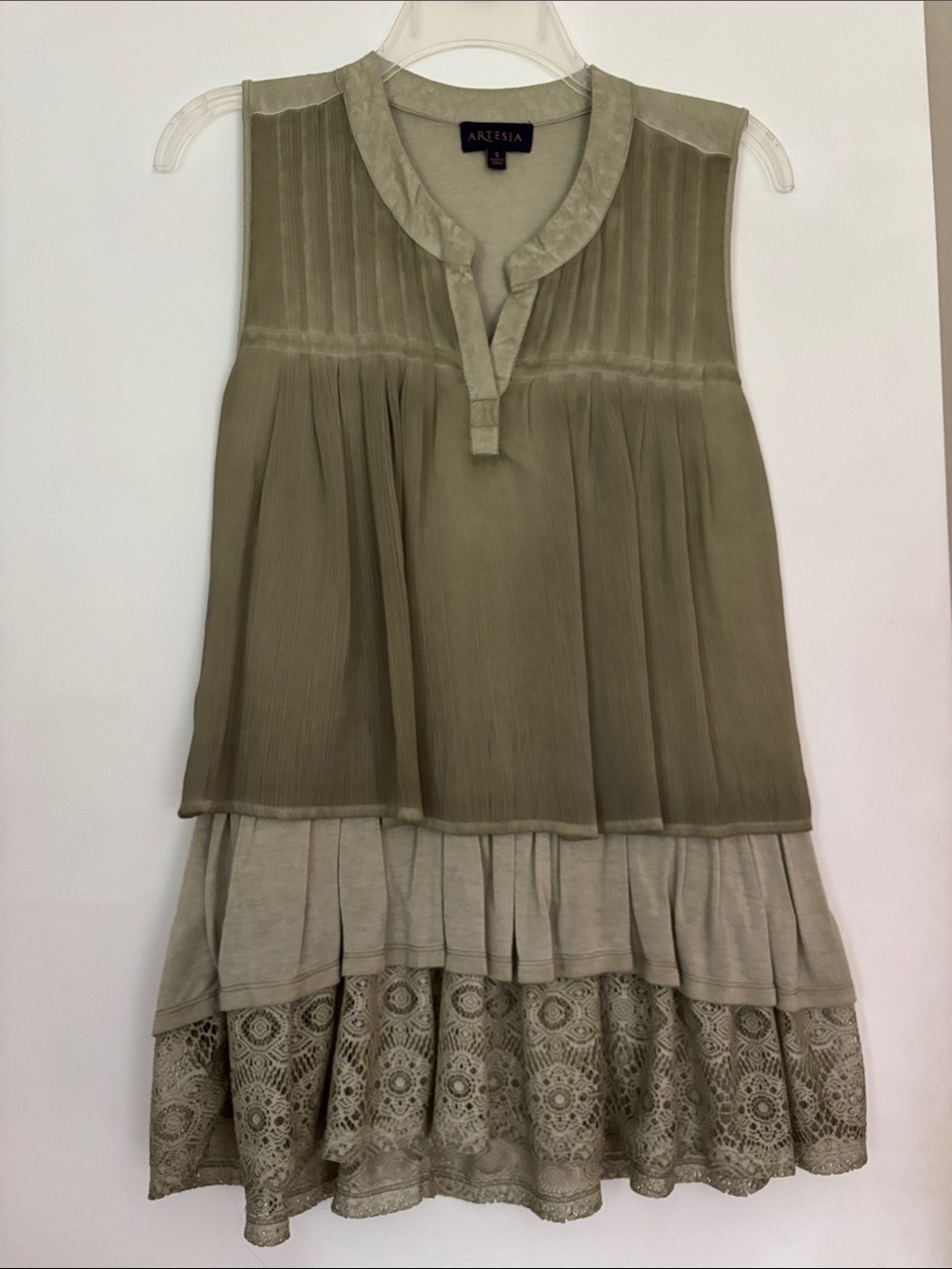 Olive Green Sleeveless Tunic with Lace Hem size S
